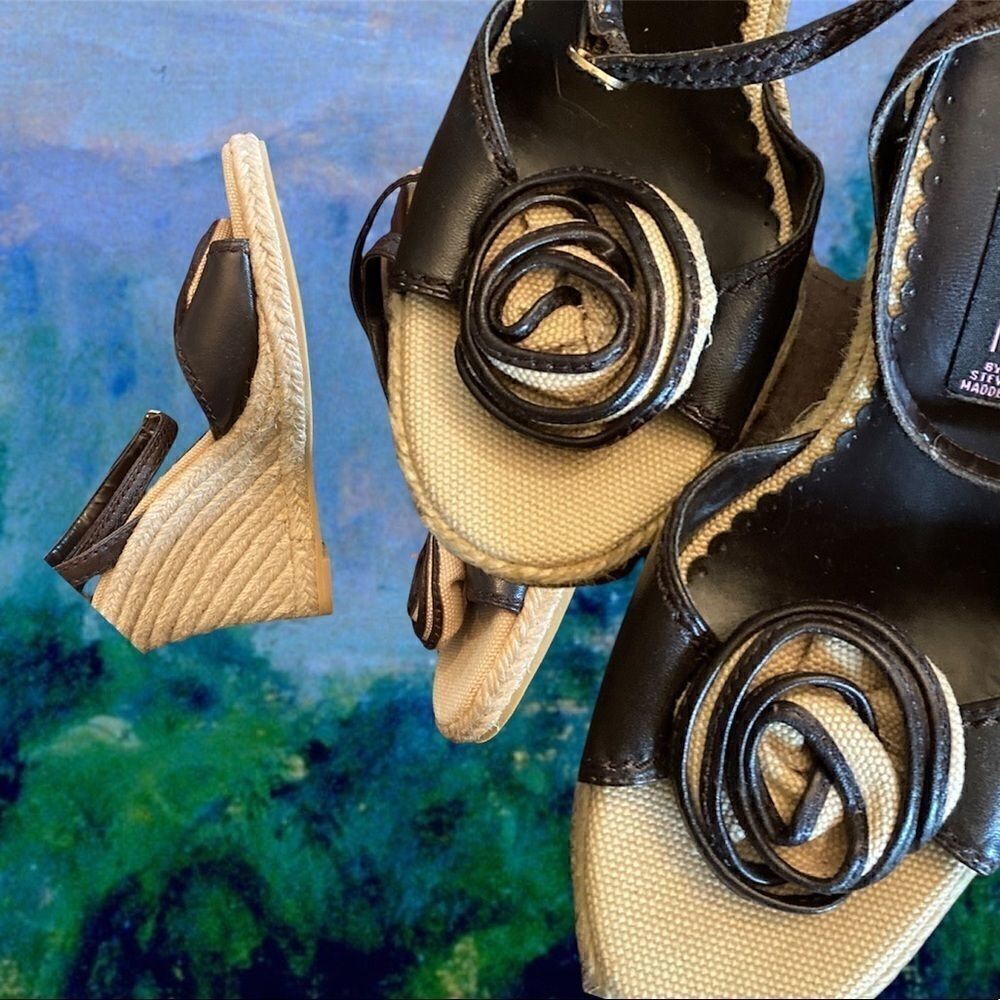 STEVEN by Steve Madden Ankle Wrap Wedge Espadrilles Khaki Flower Sandals